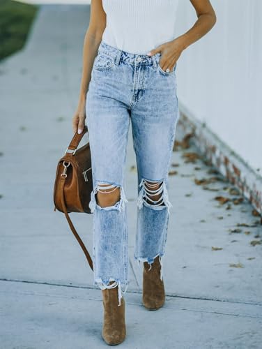 Jeans Pants Trousers Denim Women's Ripped Fringed High Waisted Washed Blue Straight Leg Jeans3