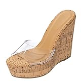 BAMBOO Women's Lucite Clear Wedge Heel Open Toe Slip On Mule Dress Shoe (8, Natural Cork)