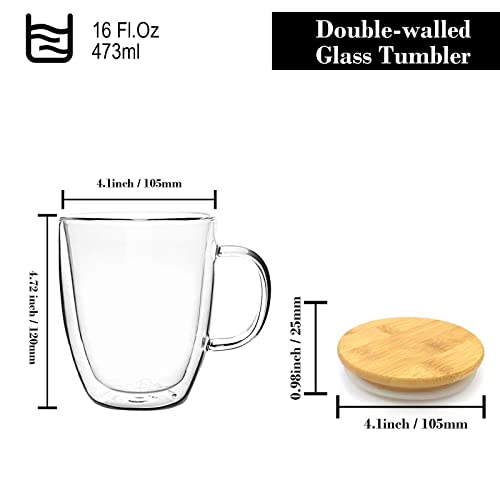 Zhmtang Glass Coffee Mug Double-Walled Borosilicate Glass Cup For Hot Or Iced Coffee, Milk, Tea (16 Oz Bamboo Lid) #TOP1