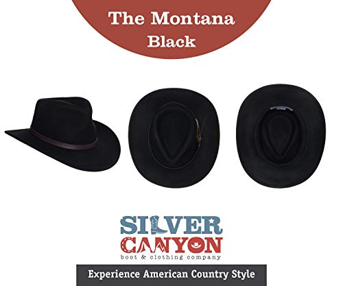 Men's Outback Wool Cowboy Hat Montana Black Crushable Western Felt by Silver Canyon, Black, Small - Thumbnail 6