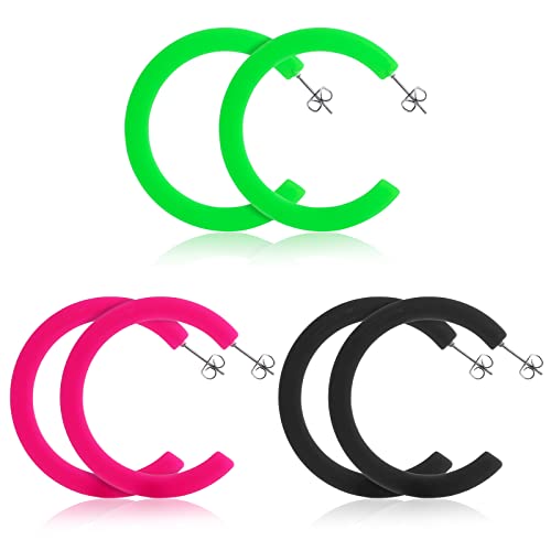 3 Paar Neon Ohrringe Anhänger 80er Vintage Creolen Schwarz Ohrringe Bunt 80er Neon Party Kostüm Zubehör Übertriebene Ohrringe 80er 90er Jahre Outfit Damen Accessoires Earrings Aesthetic Cover