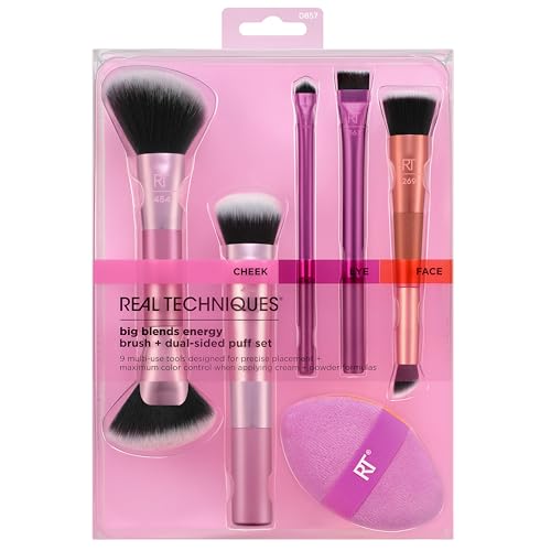 Real Techniques Big Blends Energy Brush + Dual-Sided Puff, 6 Piece Kit for Powder Cream & Liquid Application - Image 2