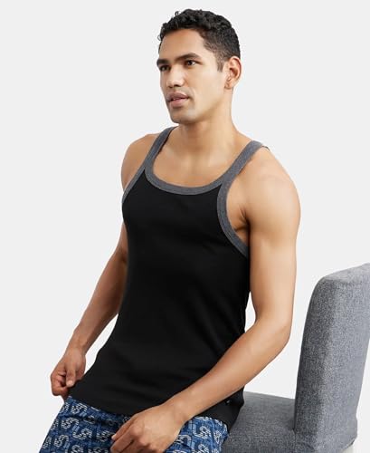 Image of Jockey US27 Men's Super Combed Cotton Rib Square Neck Gym Vest (Shoulder Strap Color May Vary) Black & Charcoal S