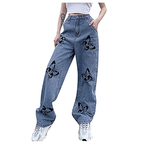 Eauptffy Dames Butterfly Denim Jeans Straight Jeans Y2K Stijl Brede Been Hoge Taille Jeans Harajuku Broek Stretchy Baggy Loose Streetwear Rechte Jeans met Brede Been Casual Broek