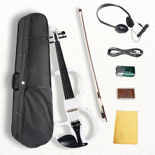 Ceciliec Electric Violin, Solid 4/4 Full Size Silent Violin Fiddle with Ebony Fittings, Beginner Violin with Case, Bow, Rosin, Aux Cable, and Headphones (Pearl White)