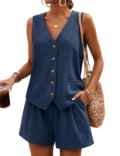 BeryLove Summer Shorts Sets Women 2 Piece Outfits Sleeveless Button Front V Neck Linen Vest Casual Waistcoat Smocked Back Shorts Matching Set with Pockets Navy S