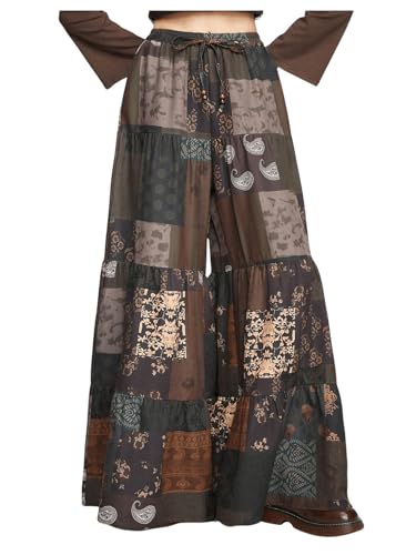 Verdusa Women's Hippie Ruffle Flowy Wide Leg Pants Elastic Waist Vintage Loose Palazzo Pants