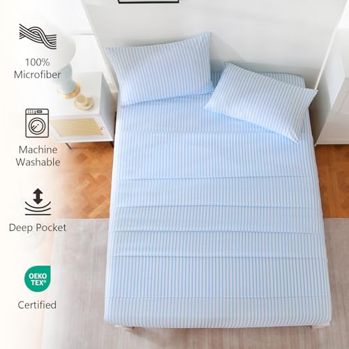 Image of MCO 4Pieces Striped Sheets Set, Breathable King Sheet Set with 16 inch Deep Pocket,Modern & Luxury, Brushed Microfiber Bedding Set(King, Blue Simple)