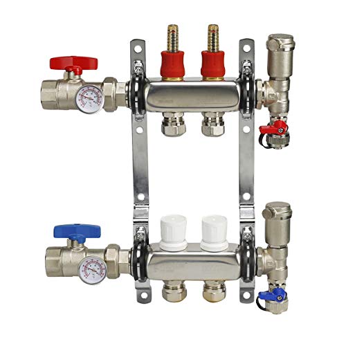 Image of Midline Valve NQT102 PEX Manifold 1 /2 in. for Radiant Heating System; with Valves, Vents, Gauges, and Mounting Brackets; Stainless Steel; 2 Port