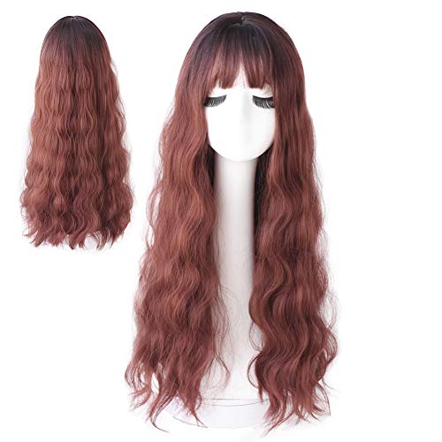 7JHH WIGS Long Wavy Curly Wig With Bangs Natural Hair Dye Wig for Women (25inch, Red)