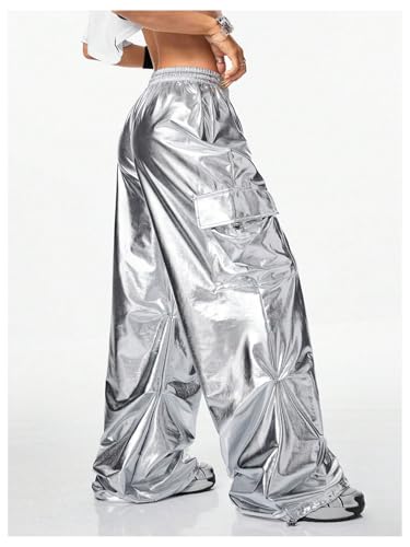 SHENHE Women's Y2k Metallic Cargo Pants Wide Leg Baggy Hip Hop Dance Rave Joggers Trousers2