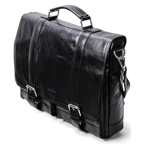 Image of Top Grain Leather 14.2 inch Laptop Briefcase Crossbody Handbag, Vintage Design & Multi Pockets, Fits to MacBook Pro /Air 14 inch /13.3 inch /13.6 inch 2021 2022 M1 Pro /M1 Max & A4 /A5 Paper, Black 14.2 Inch