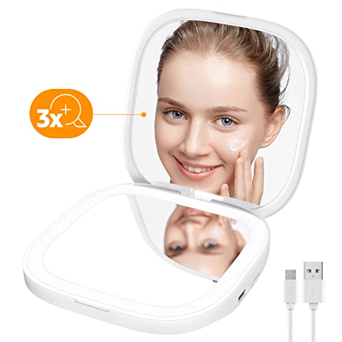 Matekxy Compact Pocket Mirror 3.5Inch, 1X/3X Magnification Led Travel Makeup Mirror With Light, Dimmable Handheld Vanity Folding Rechargeable Mirror Small Comestic Mirror For Gift - White #TOP7