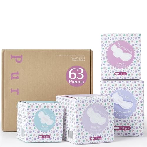 PurComfy Teens First Period Starter Kit for Girls 9-10-11-12-14 63pcs Period Pads for Tweens Teens, Menstrual Pad Box for Girls Period Kit for School, 4 Essential Size fit for Tween Period U