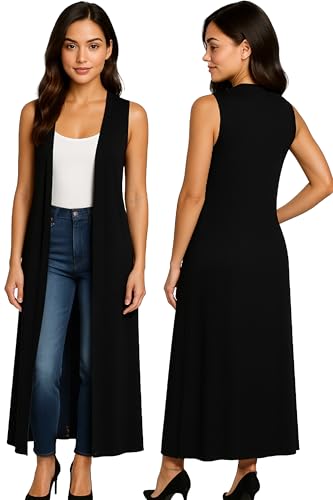 Photo de Re Tech UK Gilet Long - pour Femme - col/sans Manches - Style Boyfriend/léger - Noir - XXL EU 48-50 (Grande Taille)
