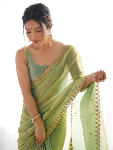 Image of AKHILAM Women's Light Green Paper Silk Embroidered Saree With Unstitched Blouse Piece