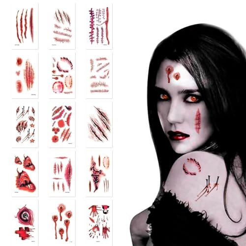 15 Piezas Tatuaje De Cicatriz De Halloween,Calcomanias De Halloween,Tattoo Cosplay Zombie Cicatrices Pegatinas Zombie Vampiro Cicatrices Tatuaje Pegatinas Realista Horror Heridas Tatuajes
