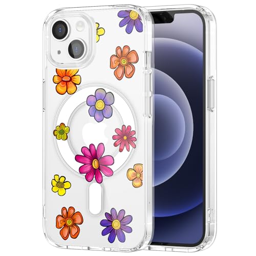 Coque MagSafe pour iPhone 12 avec motif floral mignon transparente et rigide pour femme