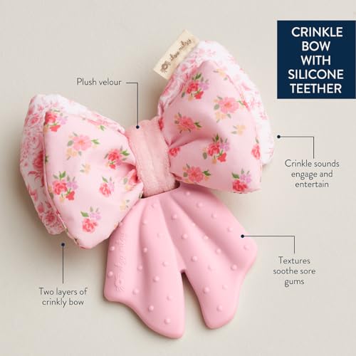Image of Itzy Ritzy Crinkle Teether Toy - Bow Teething Toy Includes Silicone, Velour & Crinkle Material - Features Multiple Textures for Teething Relief - Designed for Ages 3 Months and Up (Bows)