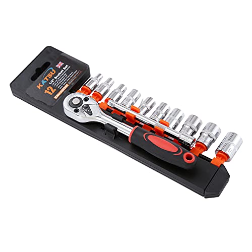 Image of KATSU 1 /4 Inch Socket Set 12Pcs, 4-13mm Metric Drive with 24-Teeth Quick-Released Ratchet Wrench and 4 inch Extension Bar, High Grade Chrome Vanadium Steel, Auto Repairing Garage Tool 420340