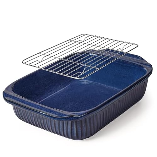 Artena Baking Dish 5.1 Quarts, Casserole Dishes For Oven, Baking Pan With Handles, Lasagna Pan Deep, Large Casserole Dish, Rectangular White Ceramic Bakeware (Blue - Baking Dish With Rack) B