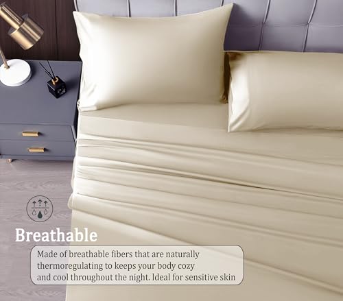 Image of RD TREND Microfiber Satin Weave Fitted Bedsheet for Double Bed King Size (78x72x10 Inch) with 2 Pillow Covers (18x28 Inch),400 TC Elastic All Around | (Beige)