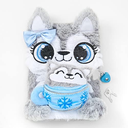 Claires Furry Plush Husky Dog Secret Diary with Lock & Two Keys, Furry Animal Journal Notebook for Children, Kids, Girls, School