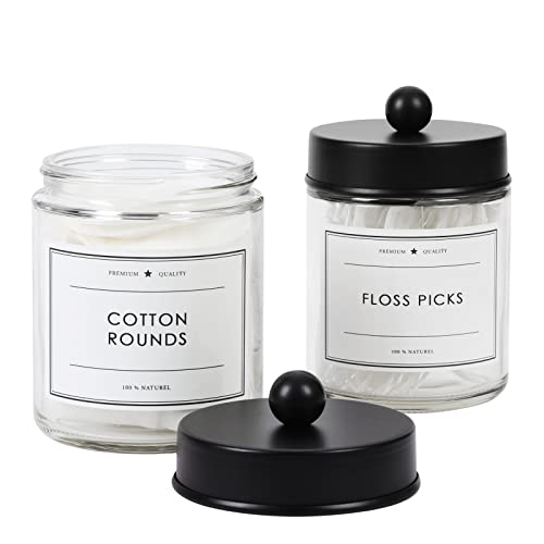 KUSVADO-2-Pack-Bathroom-Apothecary-Storage-Jars-Vanity-Countertop-Canister-Glass-Jars-Q-tip-Holder-Cotton-Swab-Container-Bathroom-Storage-Container-with-8-Pcs-Waterproof-Labels-9-Oz-Clear