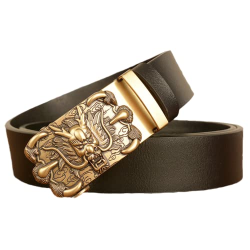 Ratchet Belt With Automatic Slide Buckle - Carved Mythical Dragon, Full Grain Leather, Trim To Fit