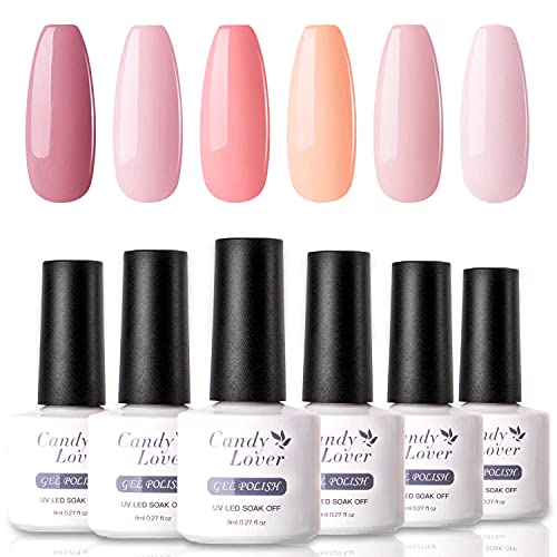 Candy Lover Gel Nail Polish Set - Pink Peach White 6 Pastel Popular Colors Fall Winter Collection, UV LED Home Manicure Nail Art Gift Kit
