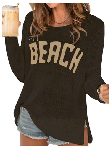 Image of Verdusa Women's Beach Cover Up Sweaters Letter Print Long Sleeve Crochet Crew Neck Knit Sweater Summer Tops