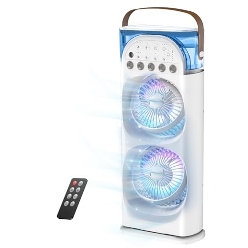 Portable Air Conditioners Rechargeable Rotating Double Head Cooling Fan with Remote Air Cooler with 3 Speeds & Mist Modes 600ml Water Tank 7-Color Night Light Portable for Room/Car