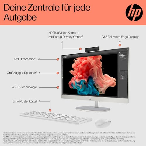 HP All-in-One-PC, 23,8\ FHD-Touchscreen, AMD Ryzen 5 7520U, 16 GB DDR4 RAM, 512 GB SSD, AMD Radeon-Grafik, Windows 11 Home, QWERTZ, Weiß