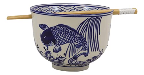 Ebros Ming Style Zen Blue White Koi Fishes By Waterfall Ramen Udong Noodles 5" Diameter Bowl With Built In Chopsticks Rest And Bamboo Chopstick Set For Dining Soup Rice Meal Cereal Bowls Decor Kitchen #TOP1