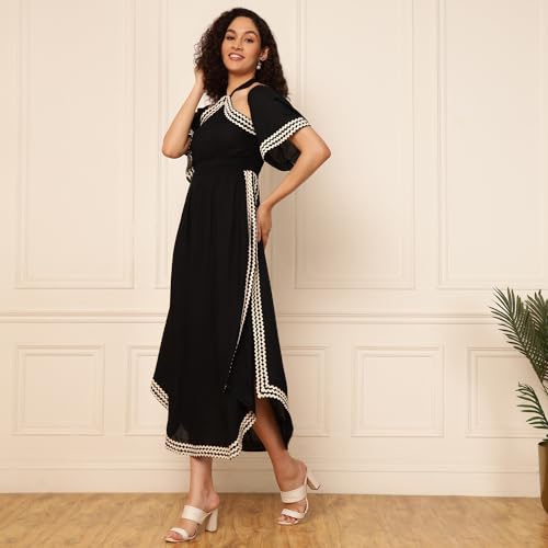Image of DEEBACO Women's Solid Rayon Slit Ankle Length A-Line Dress|Sleeveless|Halter Neck|Casual Trending Fashion Long One Piece Dresses Women Western