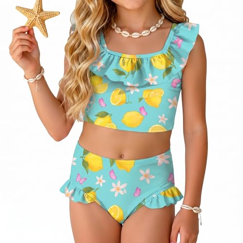 Image of Xaatren Toddler Girl Swimsuits 2 Piece Kids Ruffle Trim Bathing Suit with Adjustable Strap Summer Cute Tankini for 2-8 Years