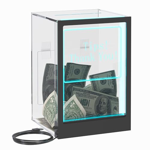 CANCLEAR Tip Jar with Lock and LED Lighting, Clear Acrylic