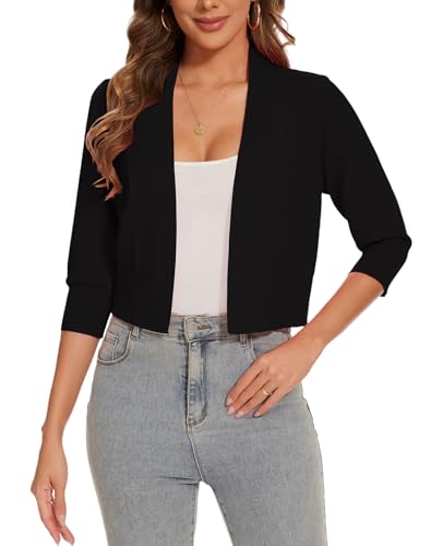 Image of Women 3 /4 Sleeve Cropped Cardigan Lightweight Casual Open Front Bolero Shrug Sweaters