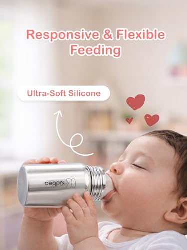 Image of Kidbea Steel Feeding Bottle 250ml for Newborns with Extra 4 Silicon Nipples | BPA Free, Food Grade, Leakproof | Safe & Durable Baby Milk Feeder