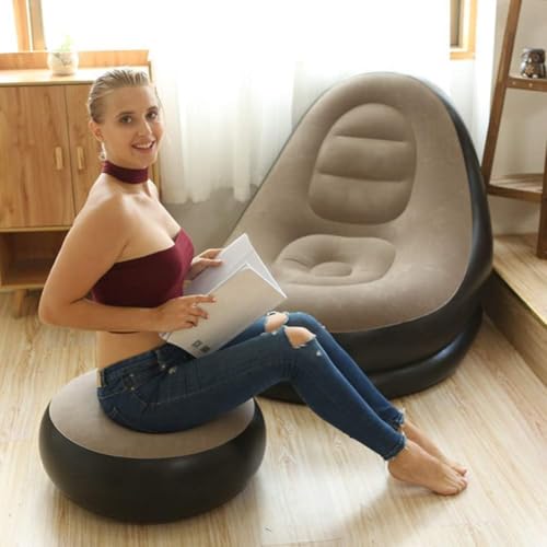 Image of Inflatable Lounge Chair for Adults, Folding Portable Lazy Sofa with Foot Stool Indoor Livingroom Gaming Bedroom Office Balcony, Outdoor Travel Camping 2-in-1 with Air Pump