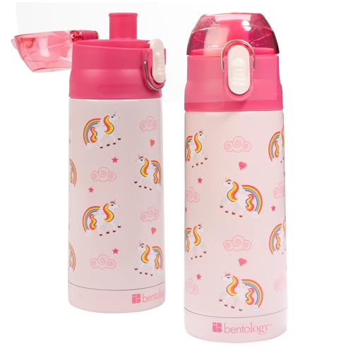 Image of Bentology Stainless Steel 13 oz Unicorn Insulated Water Bottle for Girls - Easy to Use for Kids - Reusable Spill Proof BPA-Free Water Bottle | Double Wall Insulated, Spill Proof Lid W /Built-in Straw- Keep Liquids Hot or Cold- Easily Fits in Lunch Boxes & Bags