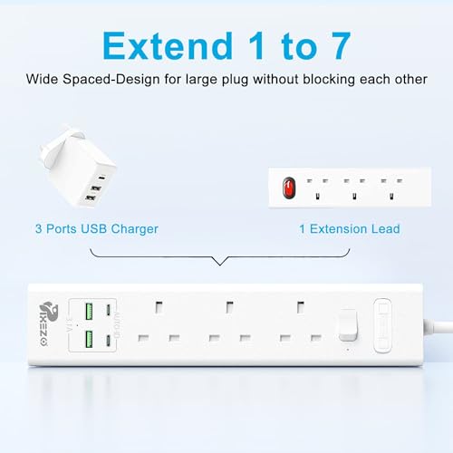 Extension Lead | Extension Lead with USB Slots | Surge Protected Extension Board with 3 AC Outlets and 4 USB ports (2 USB A - IQ 2.4A, 2 USB C - IQ 3.0A) Cable 3M Long - Image 8