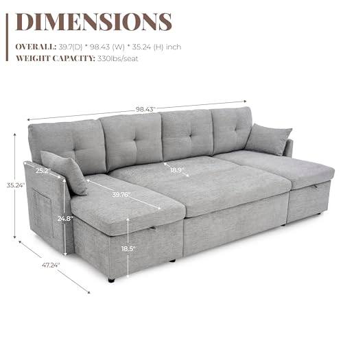 Image of Huatean Home Oversized Sleeper Sofa Couch, 100 inch 2 in 1 Pullout Couch Bed with Side Pockets for Living Room, Sectional Sleeper Sofa Bed with Double Storage Chaise, LightGrey