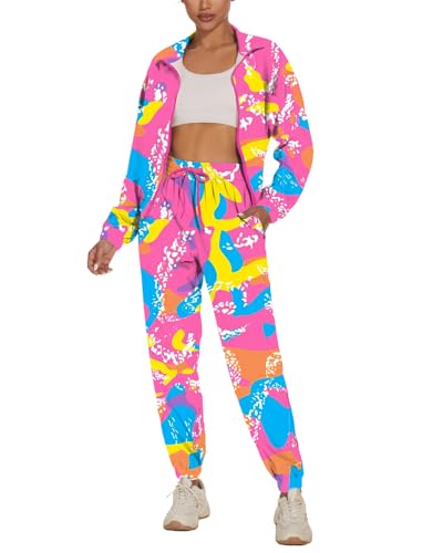 UOUA Womens Colorblock 2 Piece 80s 90s Outfits Long Sleeve Windbreaker Jacket Tracksuit Set Pink Print S