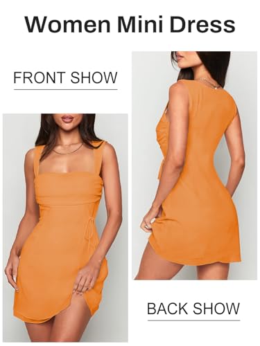 Image of MIYIEONZ Women's Sexy Square Neck Dress Sleeveless Elegant Ruched Mesh Short Dress Party Club Mini Dresses for Women