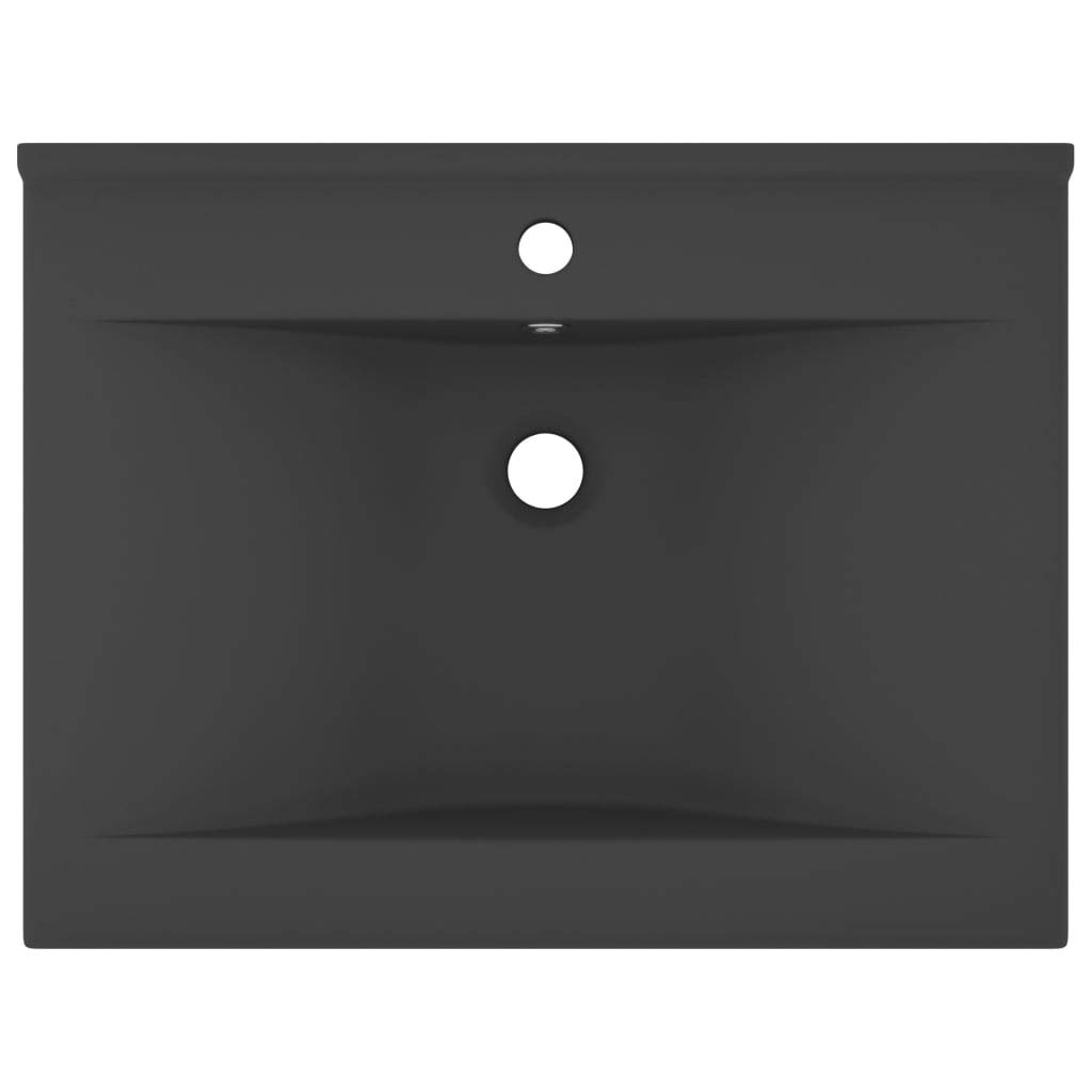 Lavabo de cerámica gris oscuro mate con agujero para grifo 60 x 46 cm, accesorio rectangular para lavabo, superficie mate, para baño, inodoro de invitados, empotrado o colgante