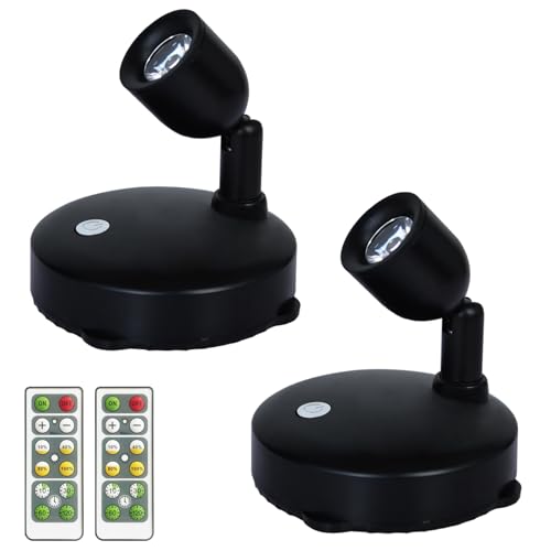 BERGUSTCH Battery Powered LED Spotlight, Picture Light, Indoor Uplighting for Plants, Puck Lights with Remote, Natural White Mini Spot Light, Art Display Lights for Paintings Dartboard Artwork-2Pack