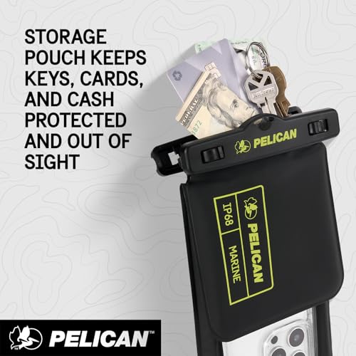 Image of Pelican Marine Waterproof Phone Pouch w /Storage Pocket -Black /Hi-Vis Yellow | Large Touchscreen IP68 Floating Waterproof Phone Case w /Detachable Lanyard - Fits All Phones - Beach Cruise Travel Essentials