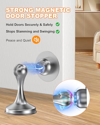 Image of Crosize Magnetic Door Stoppers 6 Pack, Stainless Steel Door Stops for Wall and Floor Mounting, Door Holder Keep Door Open, No Drilling Door Stop with 3D Adhesive Tapes, Silver