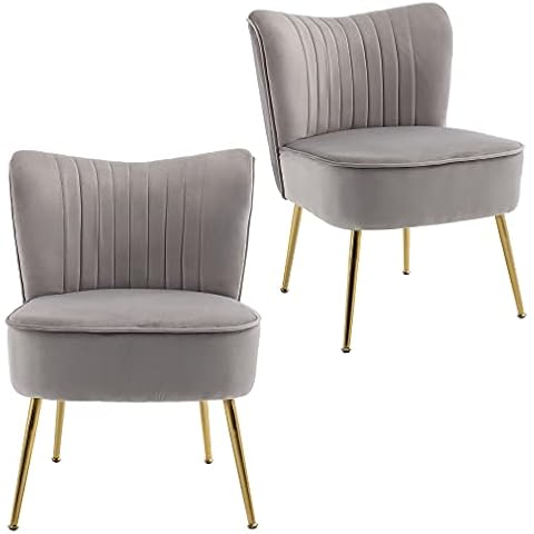 KCC Modern Velvet Upholstered Accent Chair Set of 2,Mid Century Living Room Chairs with Golden Legs,Comfy Armless Chair Wingback Single Sofa Side Chair for Bedroom,Light Gray Cover